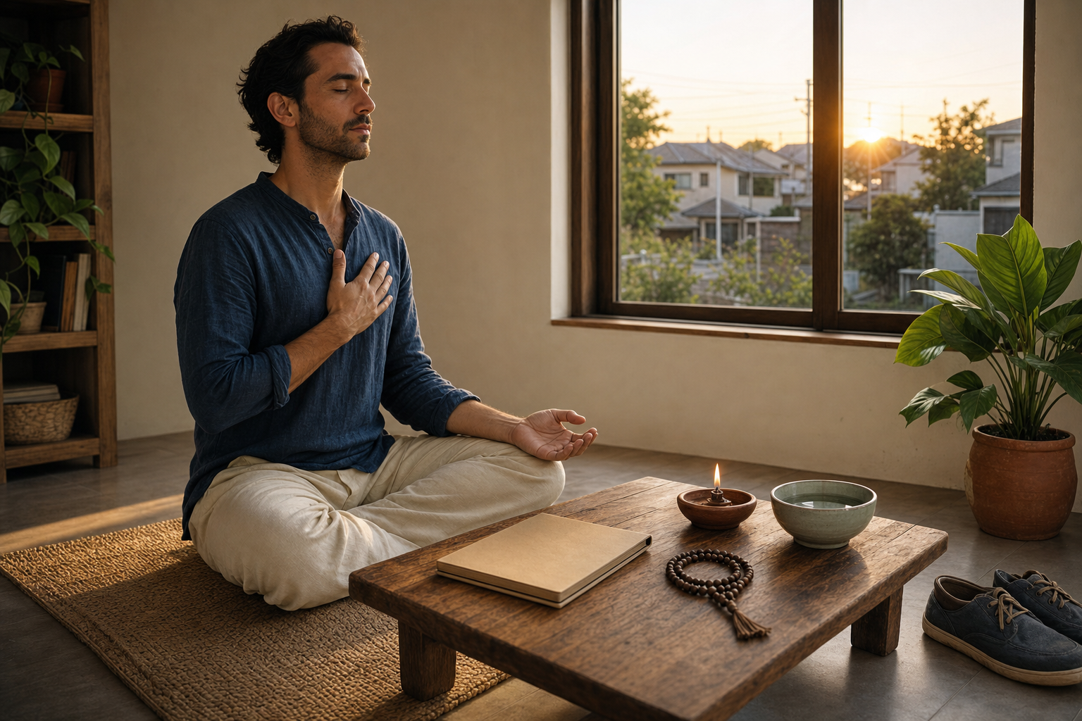 A person practices quietly at dawn beside an unmarked journal, oil lamp, prayer beads, water bowl, and potted plant.