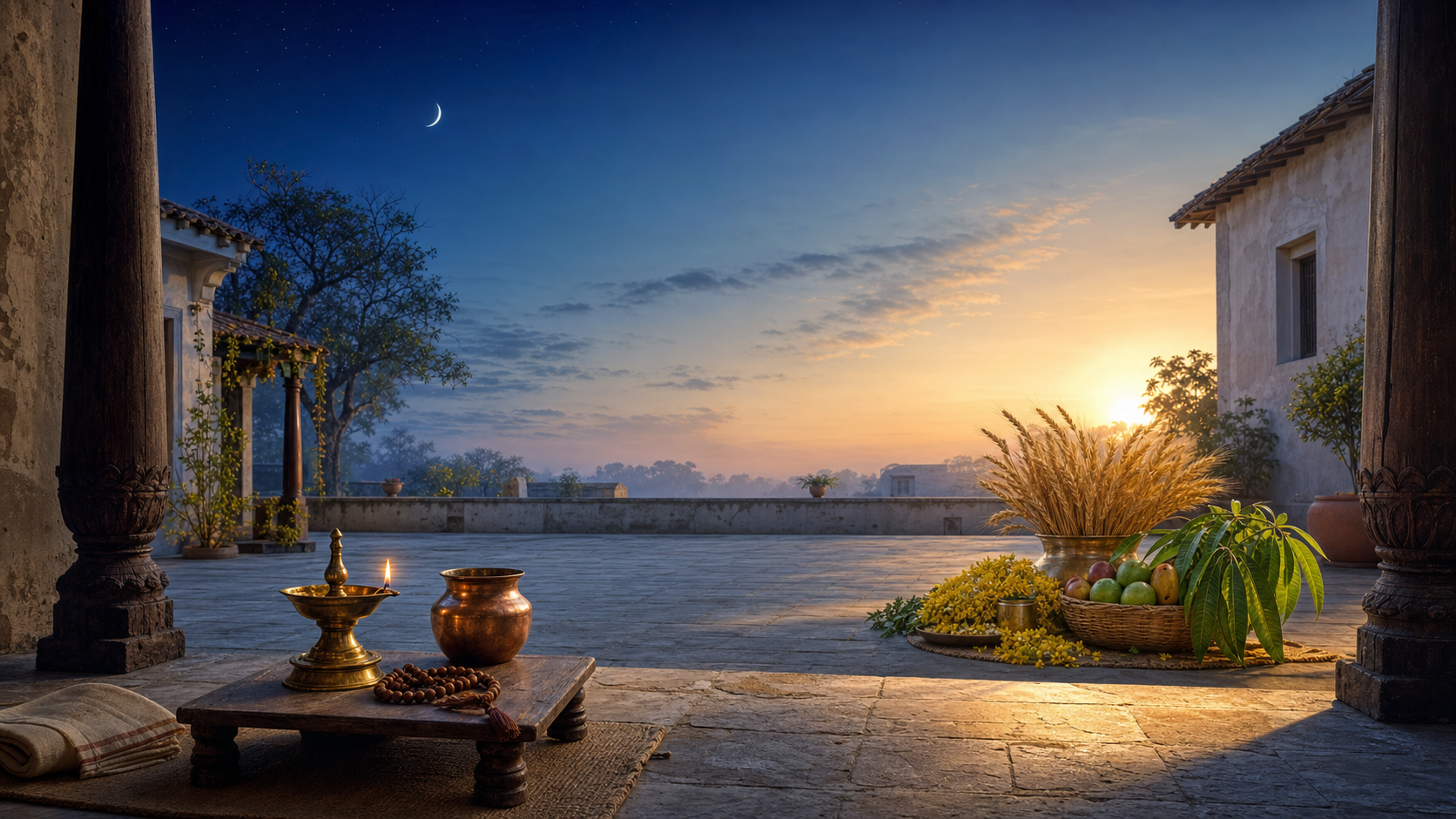 An Indian courtyard at dawn with a waning crescent, an oil lamp and water vessel on one side, and wheat, flowers and fruit arranged separately on the other.