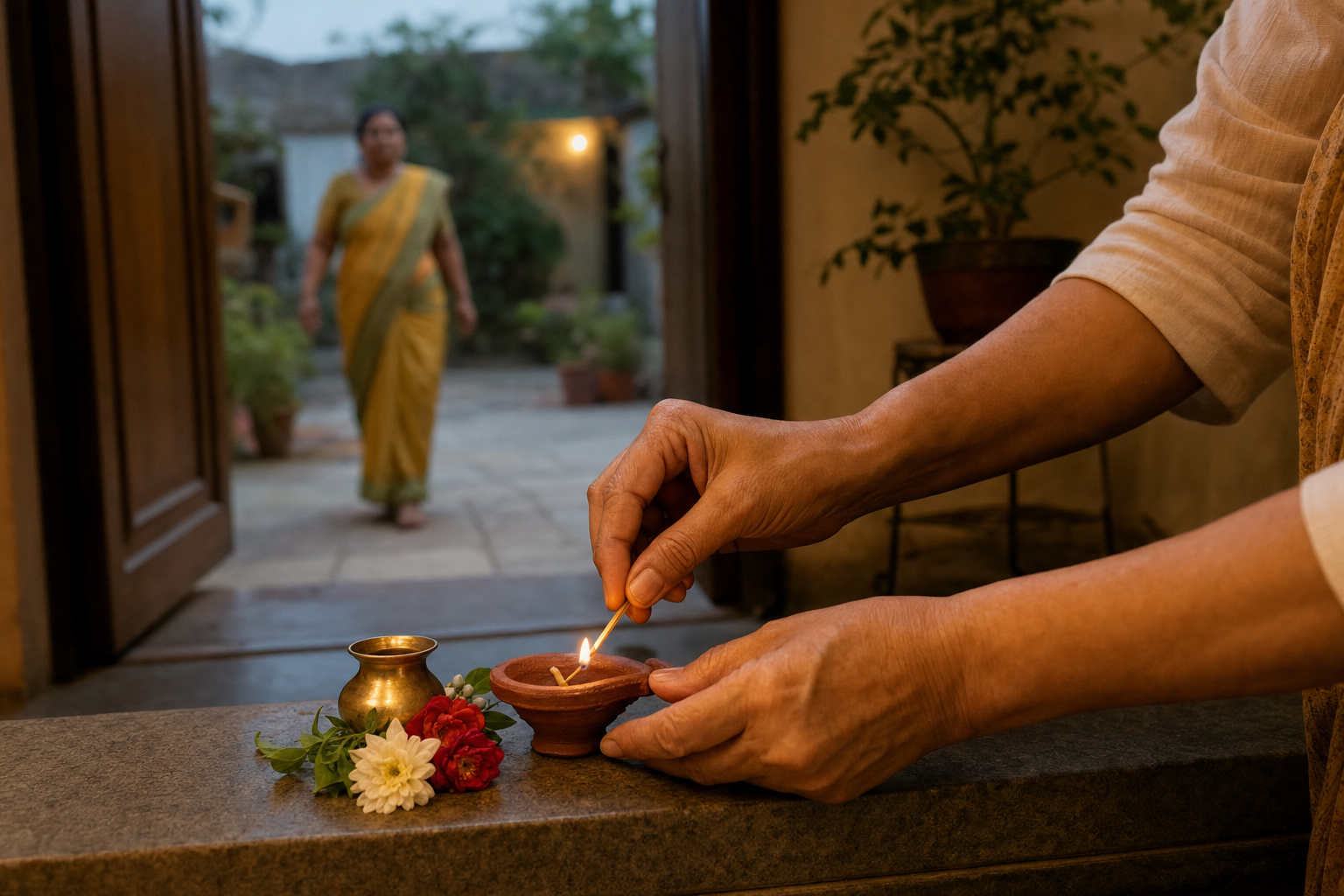 A resident carefully lights a clay diya on a clear stone ledge beside an open doorway as a neighbor approaches through the courtyard.