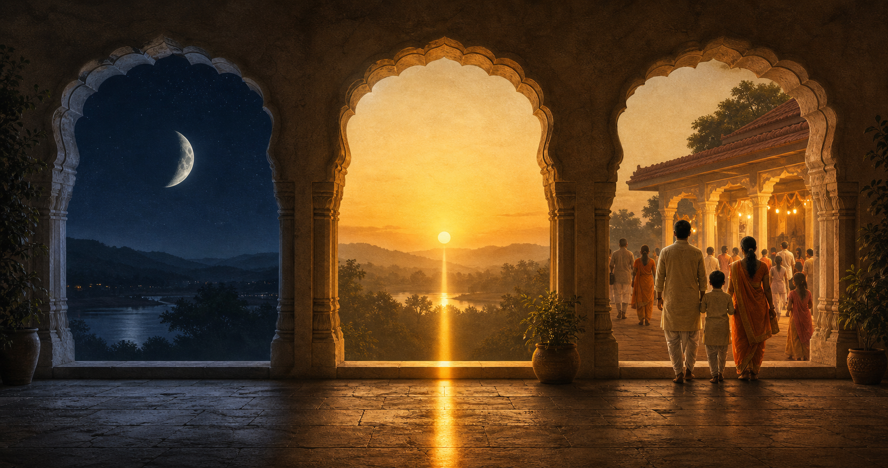 Three adjoining archways show a waning moon, sunlight crossing a threshold, and people arriving at a community gathering place.