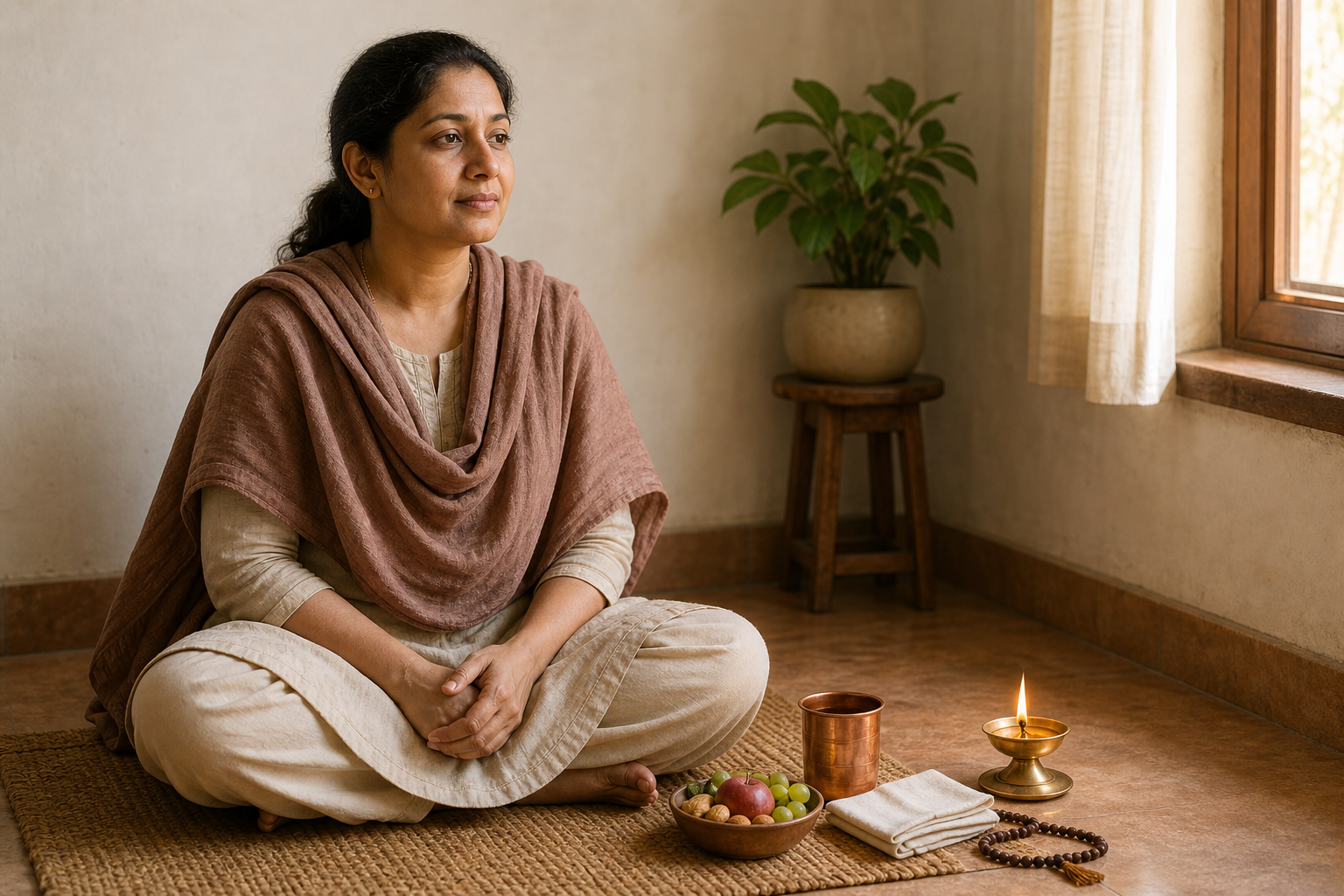 A person sits in a quiet home prayer corner beside water, fruit, nuts, prayer beads and a glowing brass lamp.