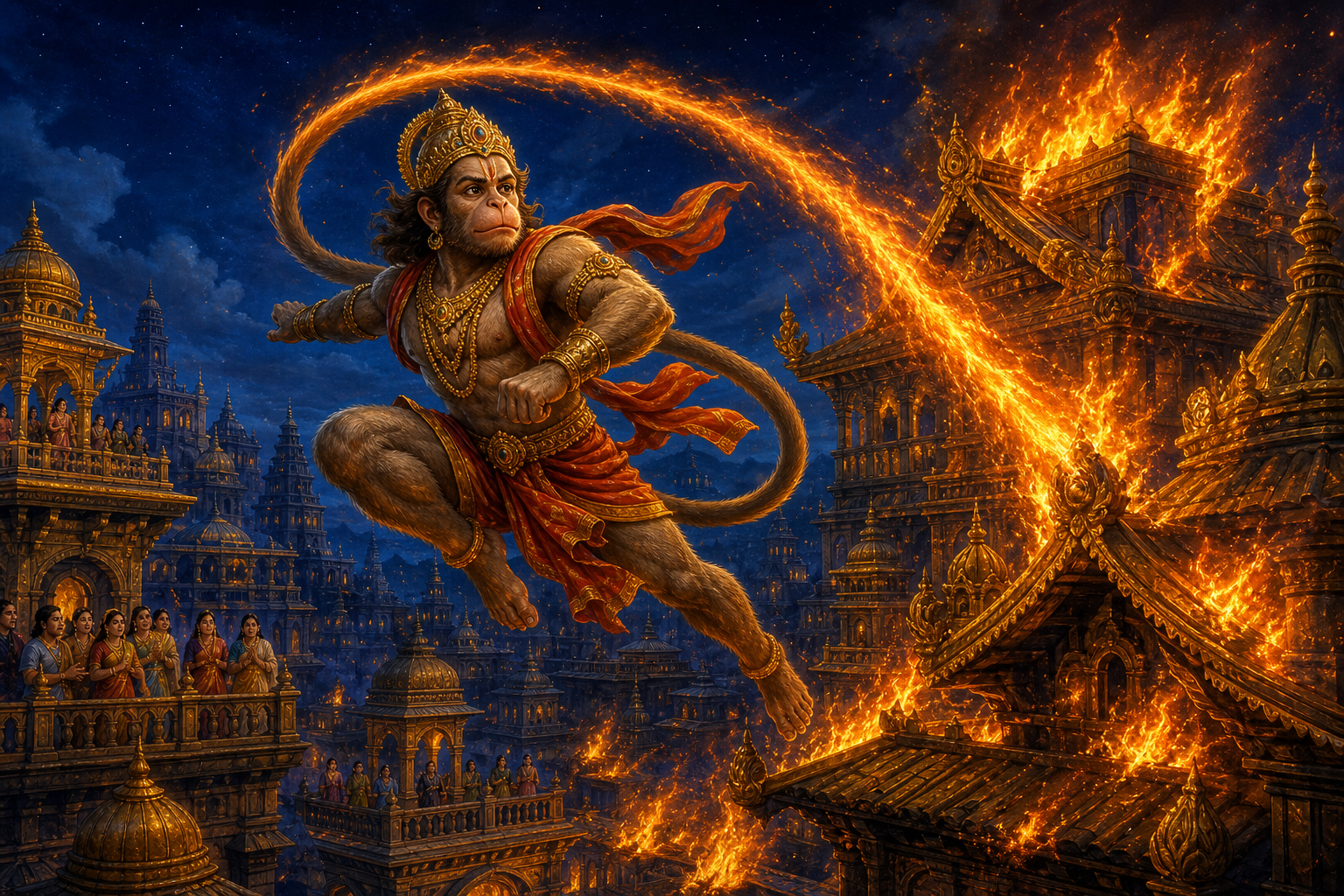 Hanuman leaps across the ornate rooftops of Lanka as his flaming tail curves behind him and sets palace structures alight under a dark blue sky.