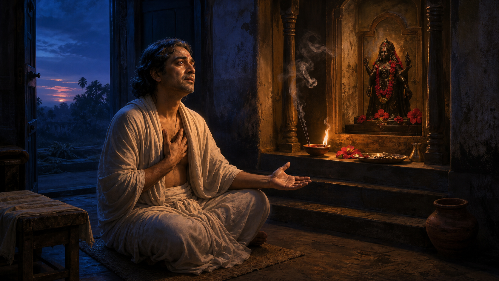 A devotional poet in simple eighteenth-century Bengali clothing sits before a small Kali shrine lit by an oil lamp and decorated with red hibiscus flowers.