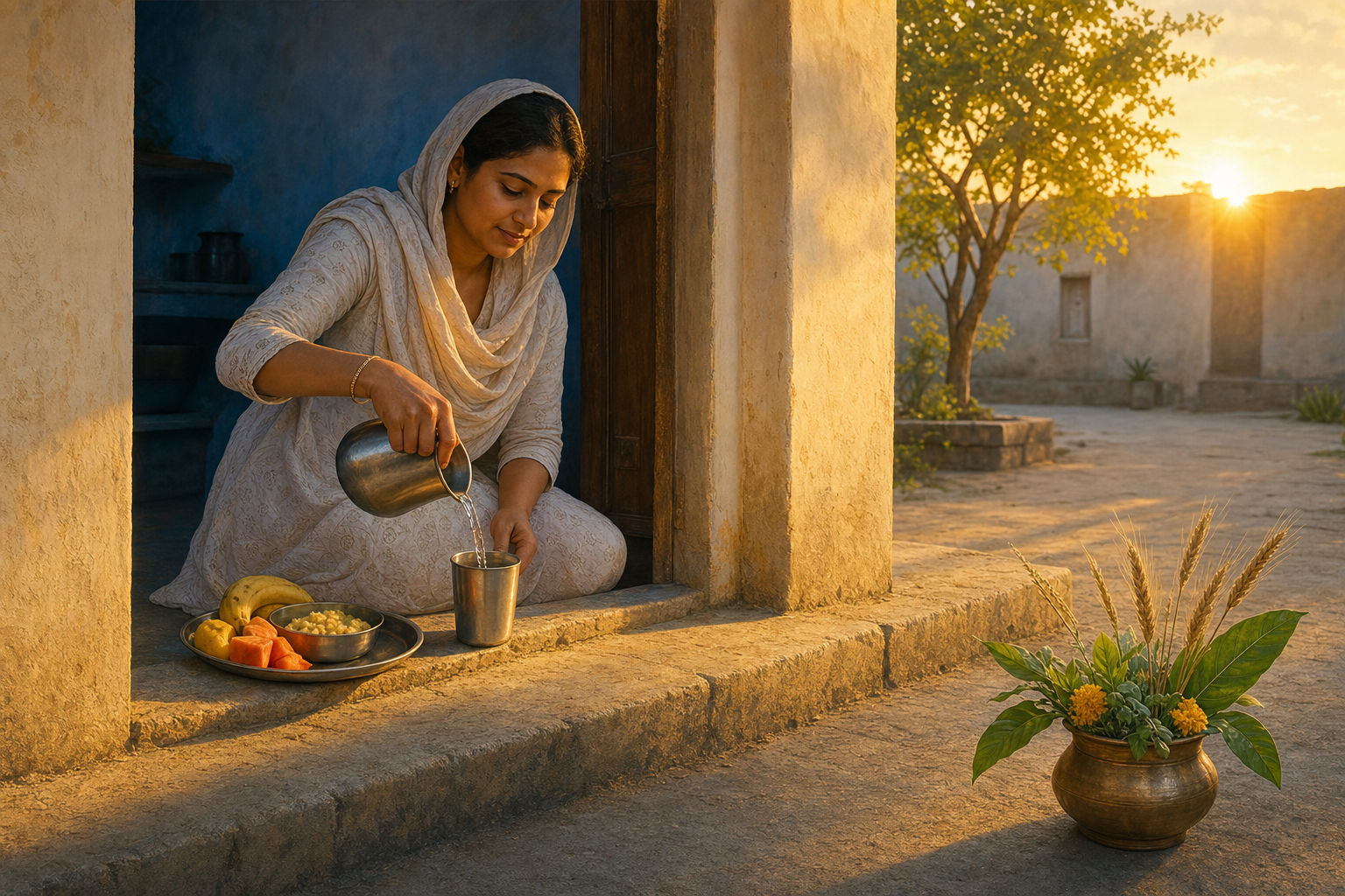 Morning sunlight crosses a courtyard threshold as a person pours water beside a simple breakfast, with leaves, flowers and wheat nearby.