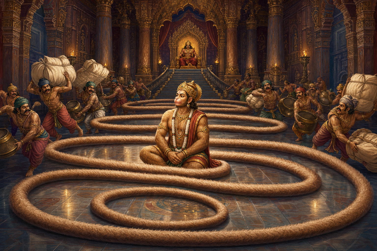 Hanuman sits calmly in Ravana's palace while his coiling tail expands across the floor and attendants struggle to bring more cloth and oil.