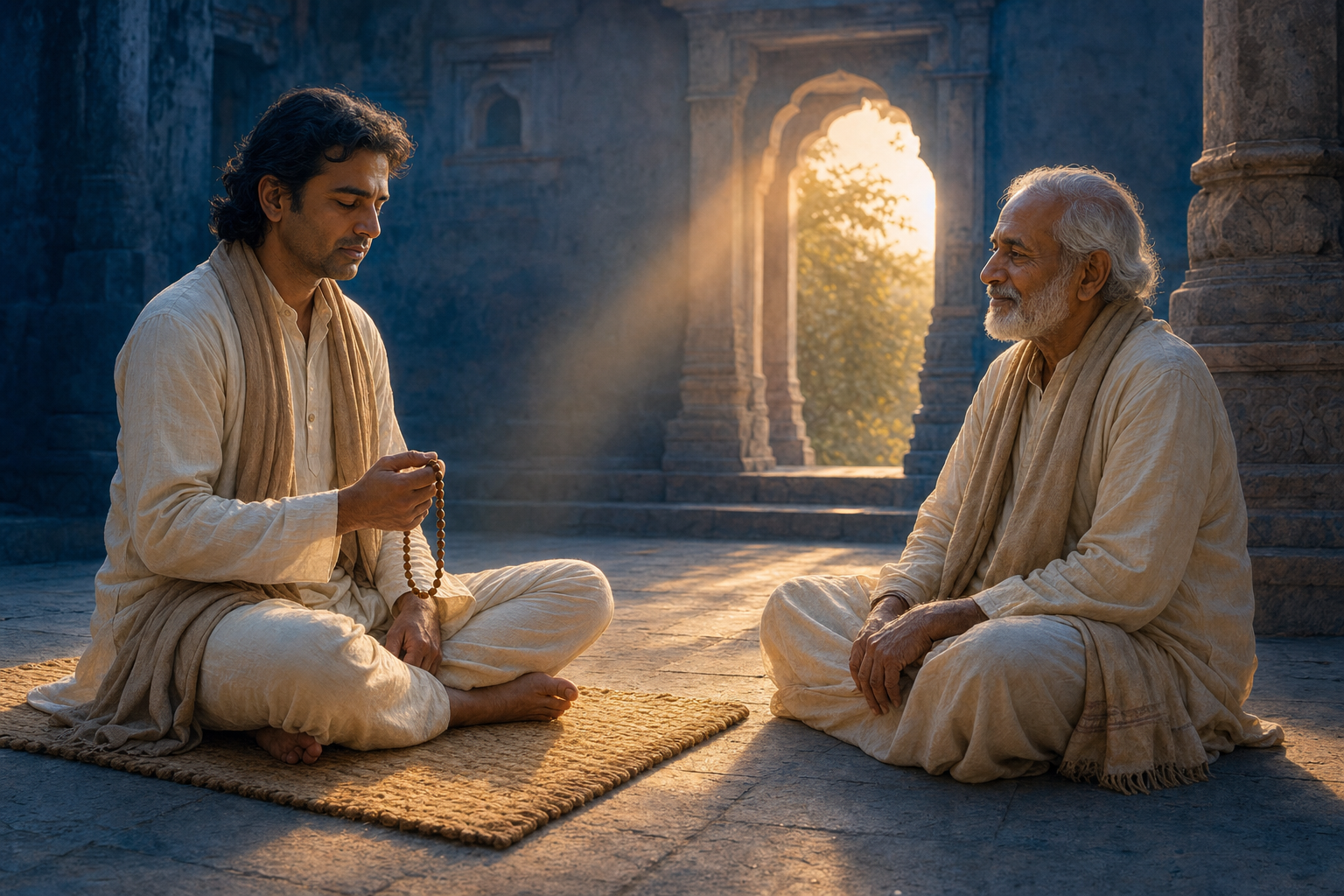 A spiritual practitioner chants with wooden prayer beads beside an elder teacher in a softly lit courtyard at dawn.