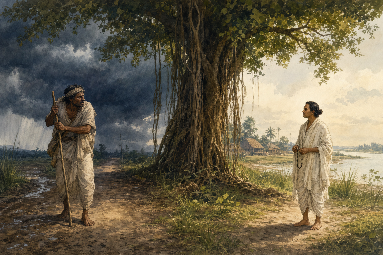 Two men face each other at a distance on a rural Bengali path, one visibly tense with a staff and the other calmly holding prayer beads.