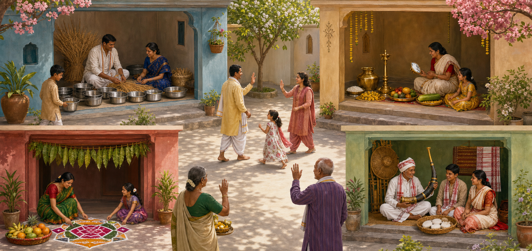 Families greet one another across a shared courtyard with separate alcoves containing wheat and steel bowls, a flower-filled brass arrangement, a decorated doorway, and Assamese woven and bamboo objects.