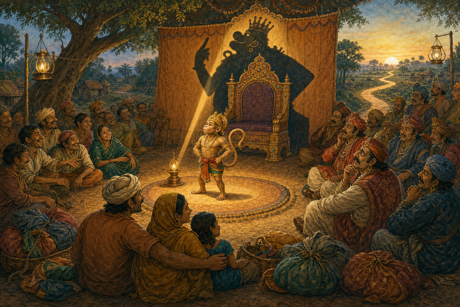 A village theatre audience watches a dignified heroic figure as an extravagant throne casts a foolish shadow and ordinary workers react with recognition and relief.