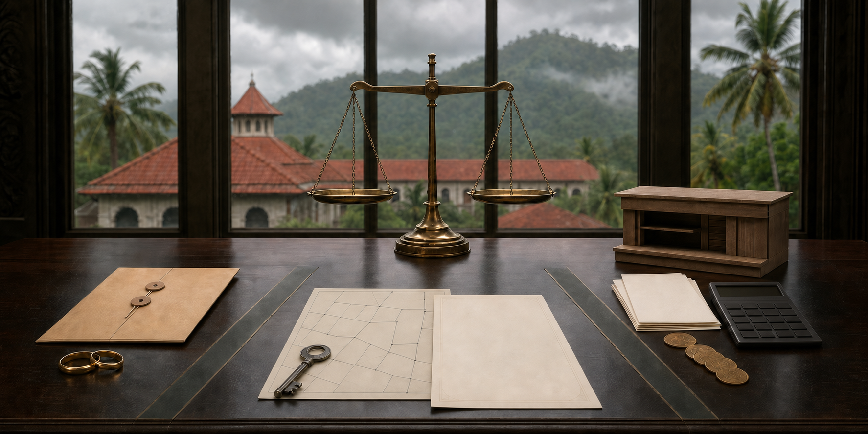 Balanced scales of justice on a desk with separate groups of relationship, land, and business evidence, with Kerala palms and tiled roofs outside the windows.