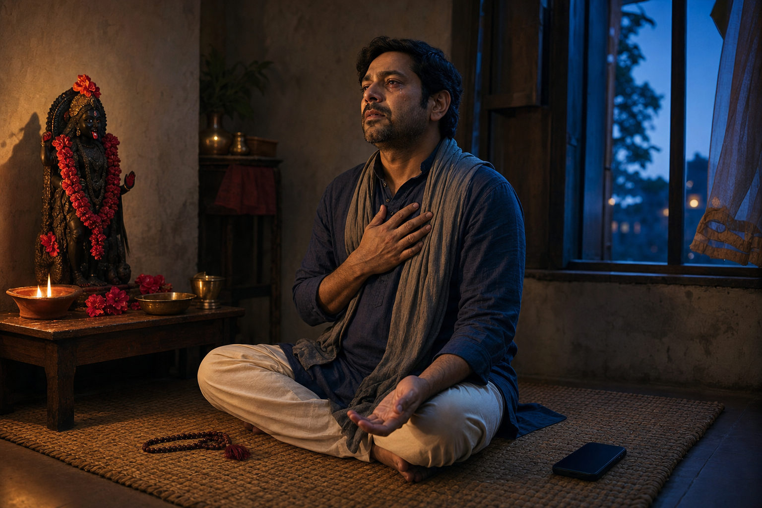 An adult sits beside a small Kali shrine with one hand on their chest and prayer beads near the other, while a phone rests face down nearby.