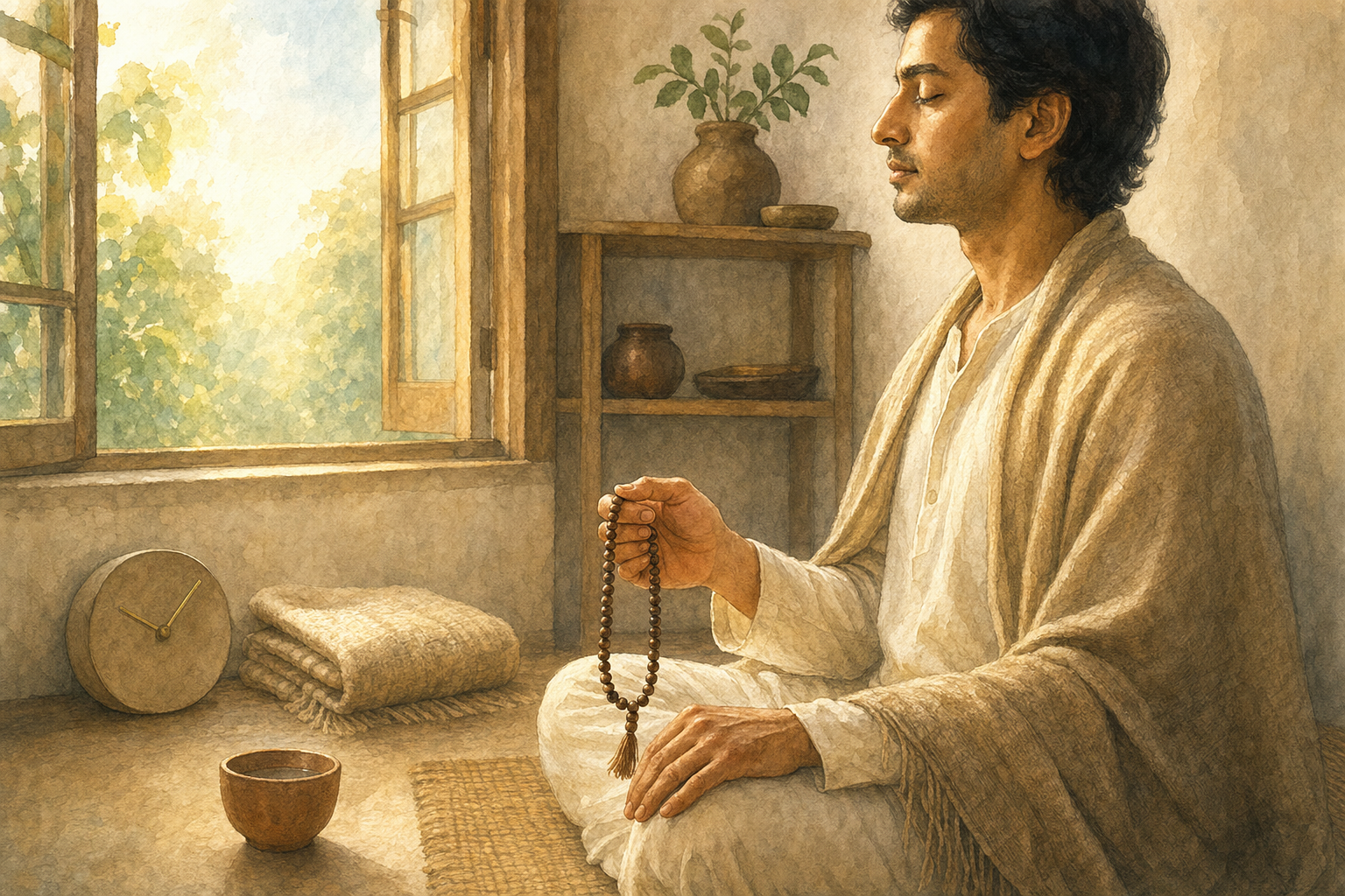 A seated practitioner uses wooden prayer beads in a simple morning practice space beside an open window.