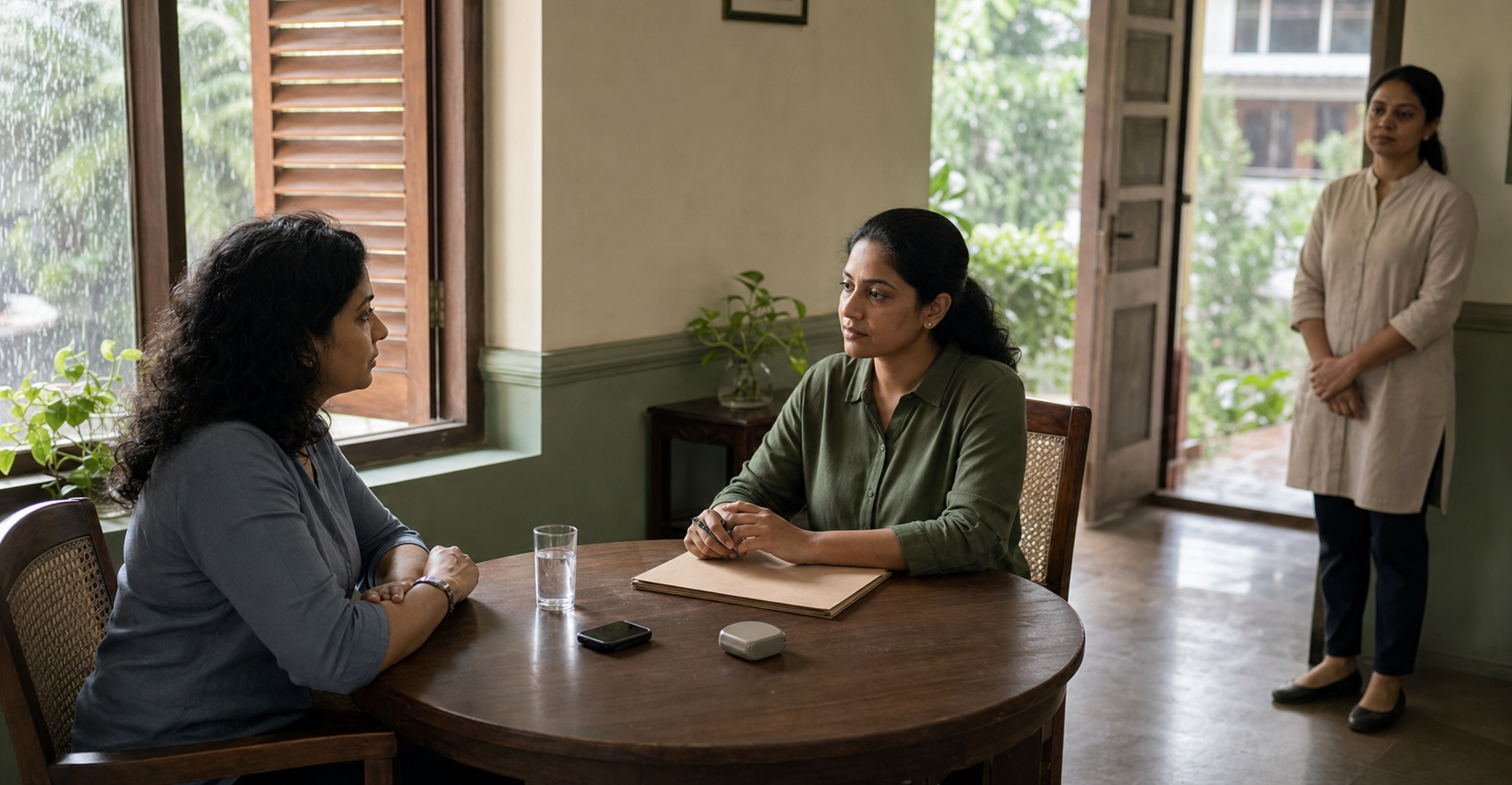 An adult woman speaks privately with a female legal counselor at a round table while a support professional waits near an open doorway.