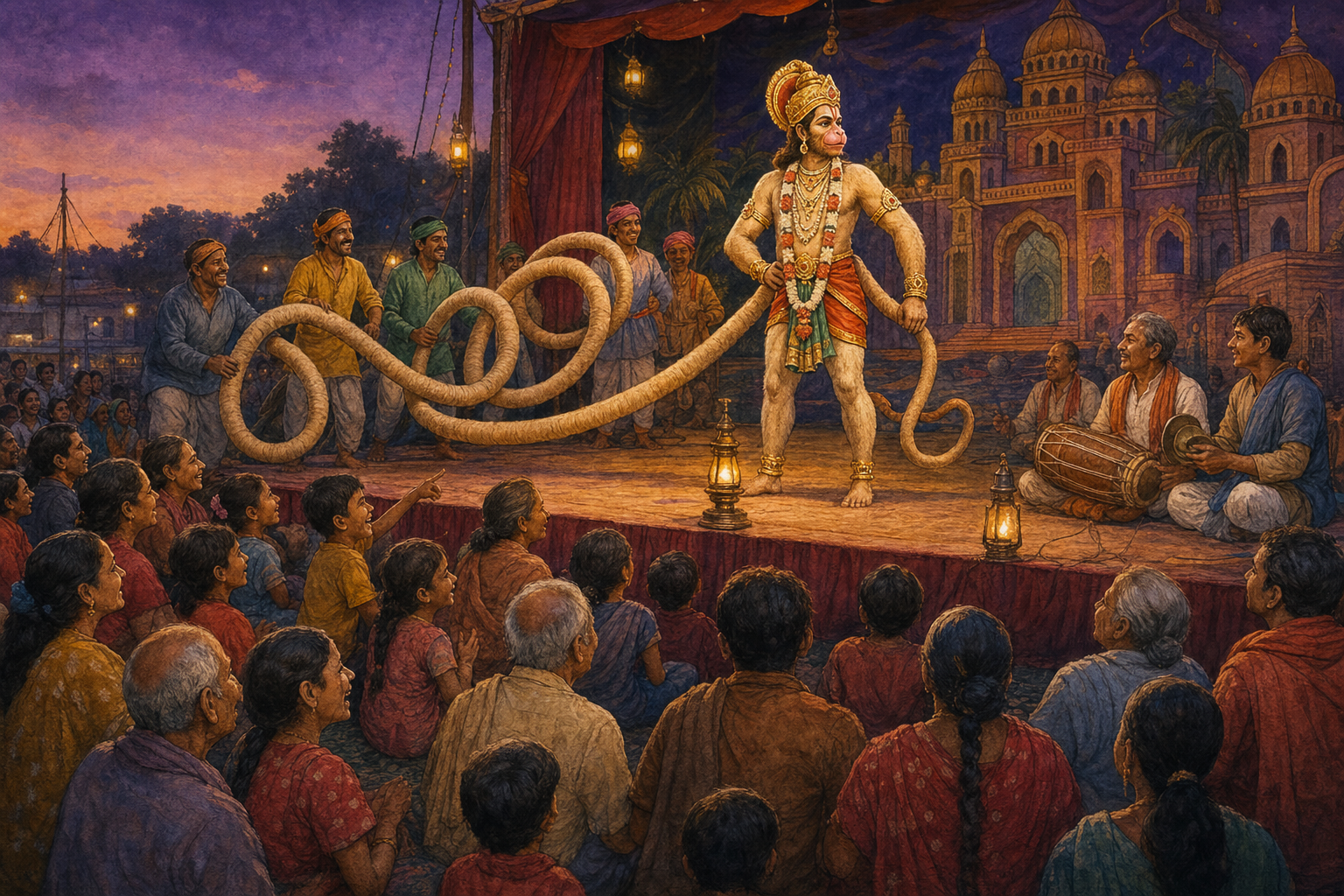 Families and elders watch a twilight Ramlila performance in which a dignified Hanuman performer displays an exaggerated coiling tail on an outdoor stage.