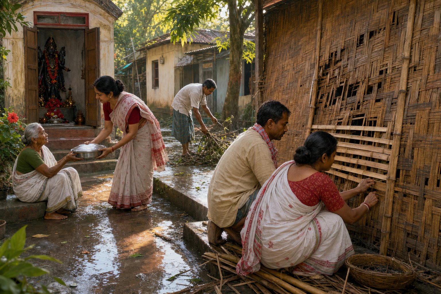 Neighbors repair a bamboo wall, clear storm debris, and share food in a courtyard near a small Kali shrine.