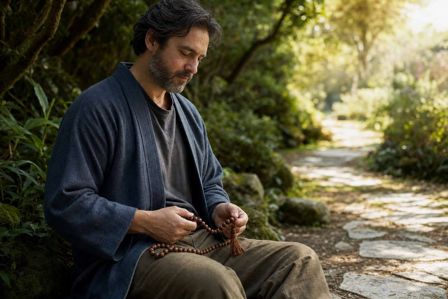 A reflective practitioner calmly gathers prayer beads while sitting on a garden path that leads from shade into morning light.