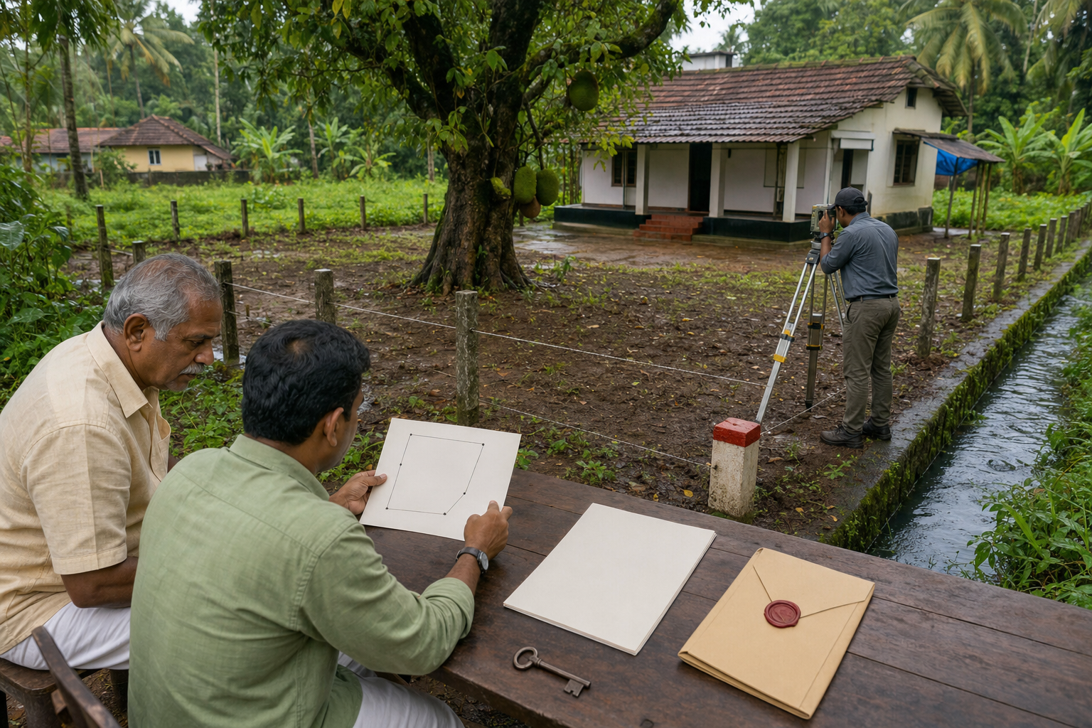 A surveyor measures a property boundary in a Kerala village while a clerk and property owner compare a parcel diagram, deed, key, and payment receipt.