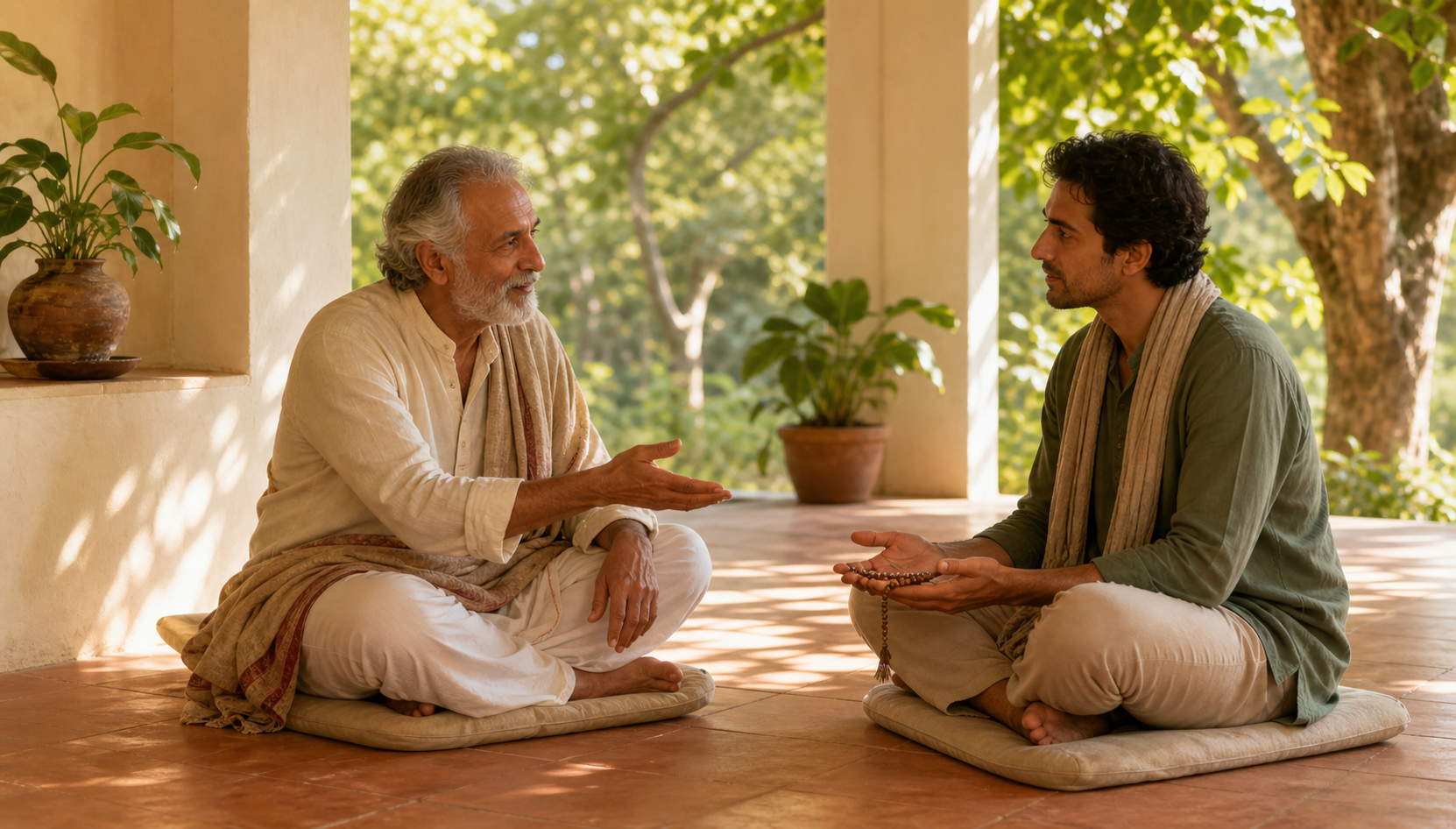 An elder teacher offers gentle guidance to a practitioner holding wooden prayer beads on a sunlit veranda.