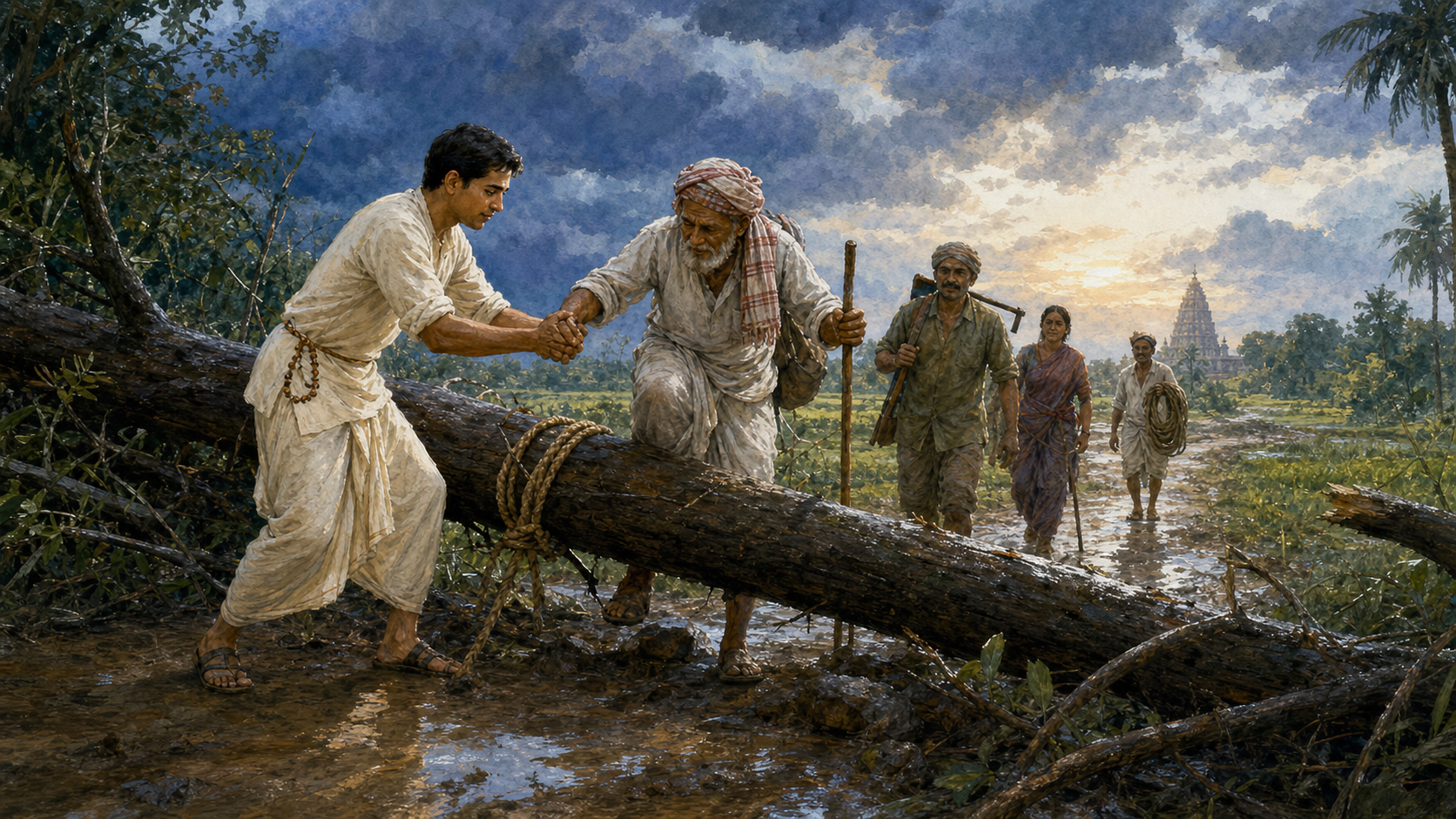 A Vaishnava practitioner uses a rope to move a fallen tree while helping an elderly traveler cross a muddy path after a storm.