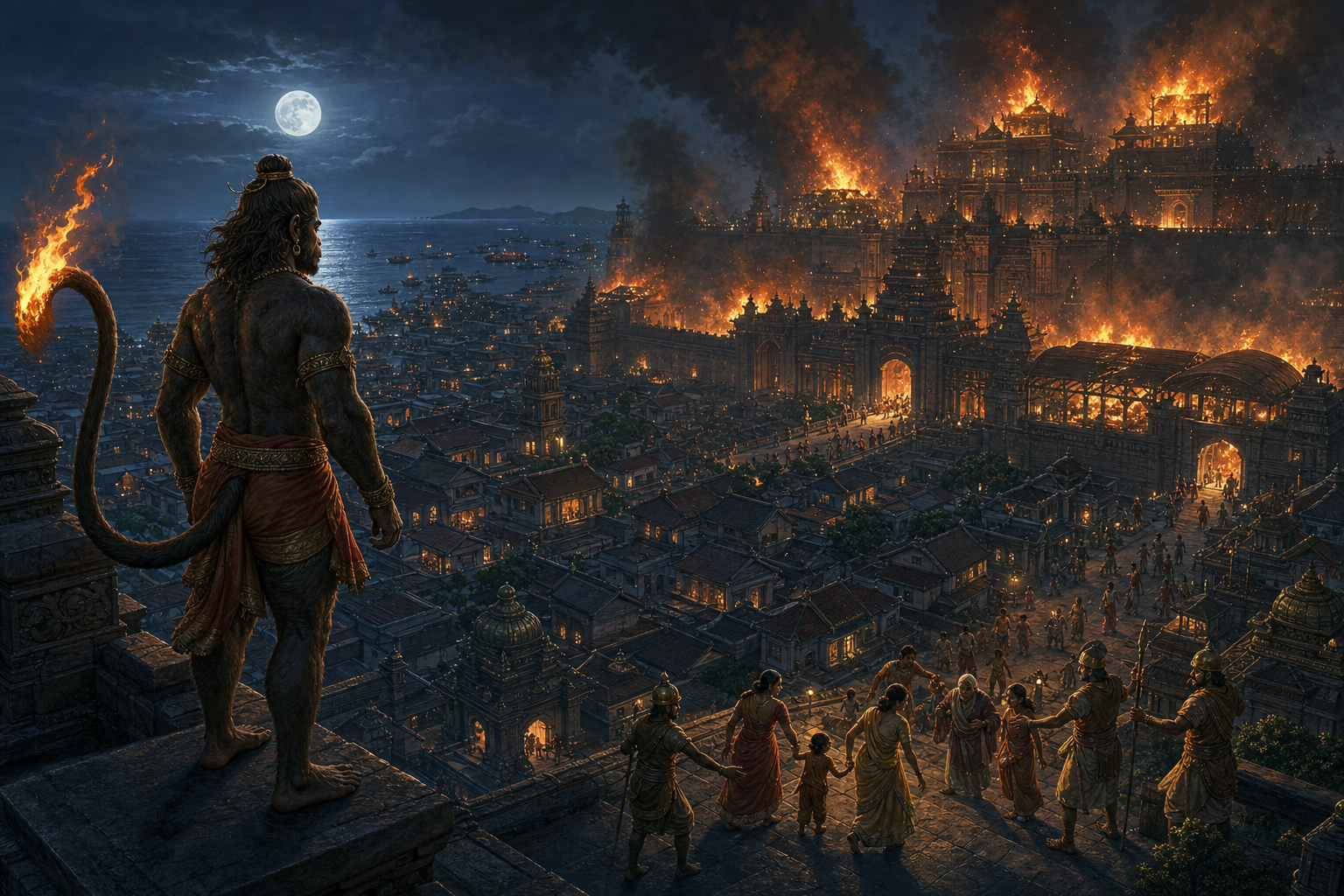 Hanuman looks across burning fortifications and residential quarters in ancient Lanka as civilians move along an unburned street toward safety.