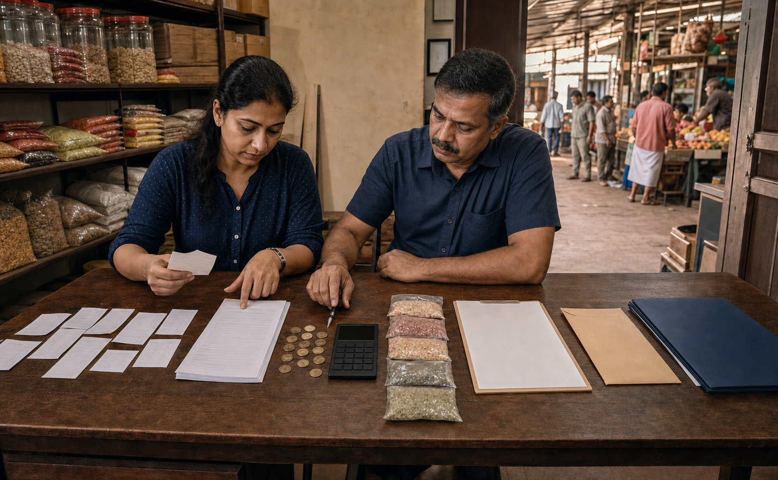 A forensic accountant and shop owner arrange invoices, bank papers, inventory items, a calculator, and coins in a Kerala market office.