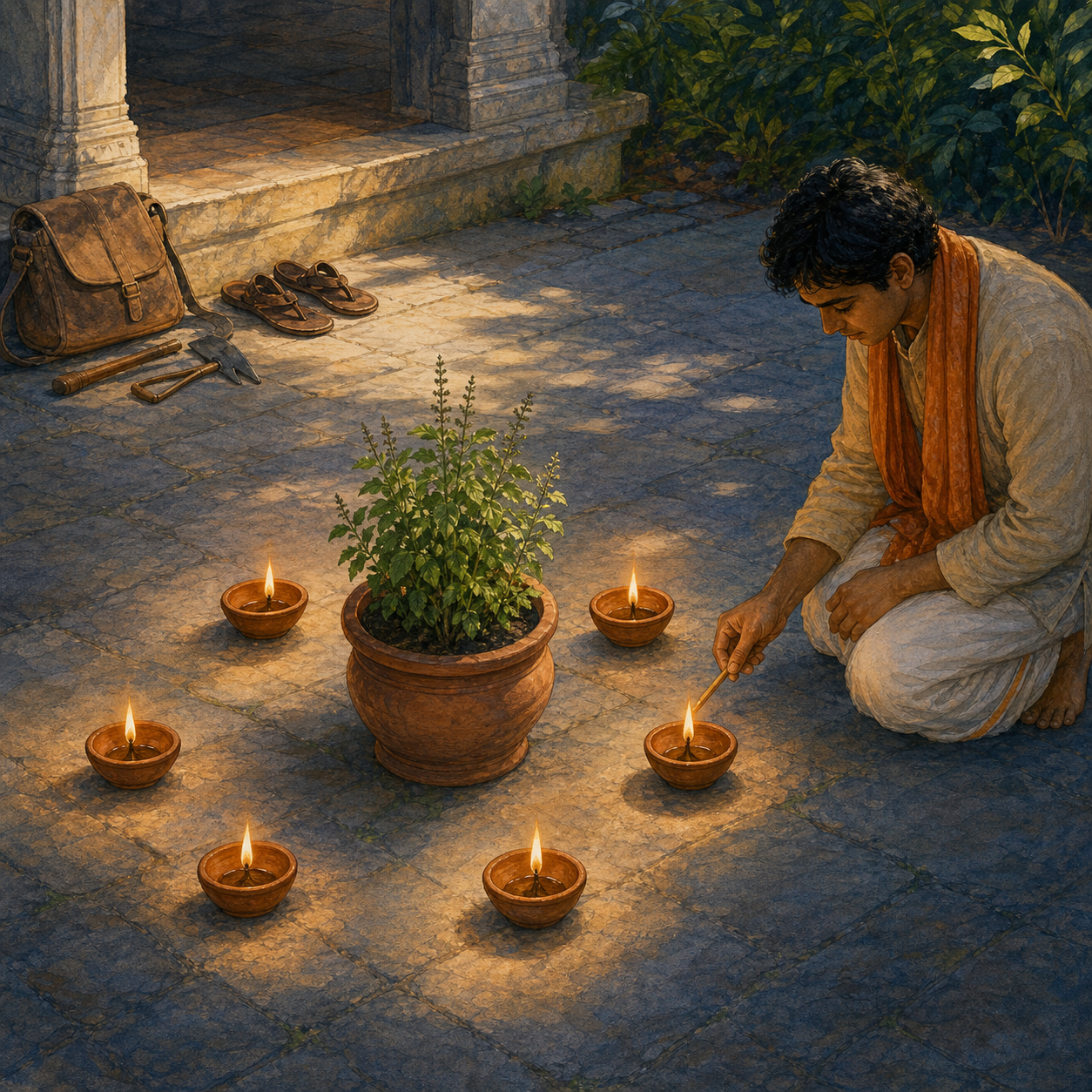 A kneeling practitioner lights six clay lamps arranged around a tulsi plant, with a satchel and tools resting near the courtyard entrance.