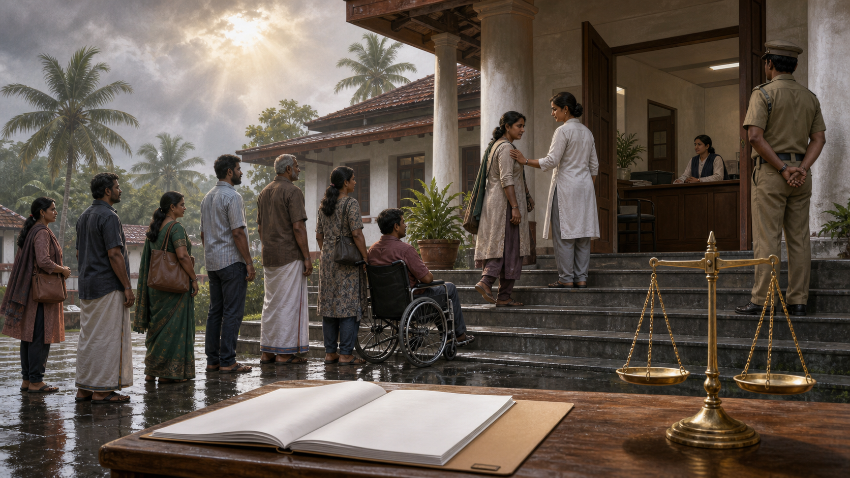 Citizens wait peacefully outside a Kerala courthouse as a legal-aid worker guides one person inside, with balanced scales and an evidence folder in the foreground.