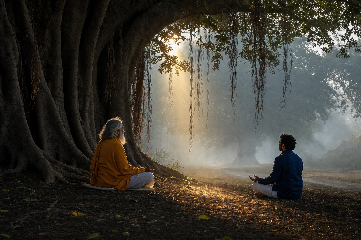A spiritual teacher and disciple sit beneath a banyan tree as dawn light illuminates the space between them and a small green shoot.