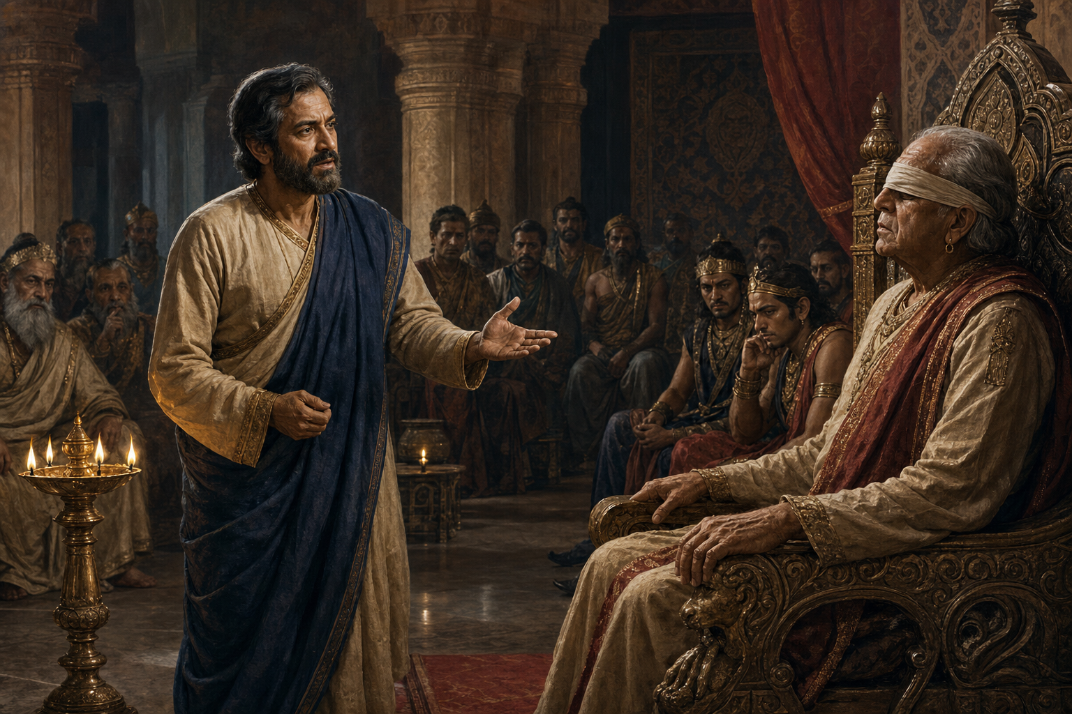 Vidura calmly advises the blind king Dhritarashtra in a shadowed royal court as princes and courtiers watch from behind.