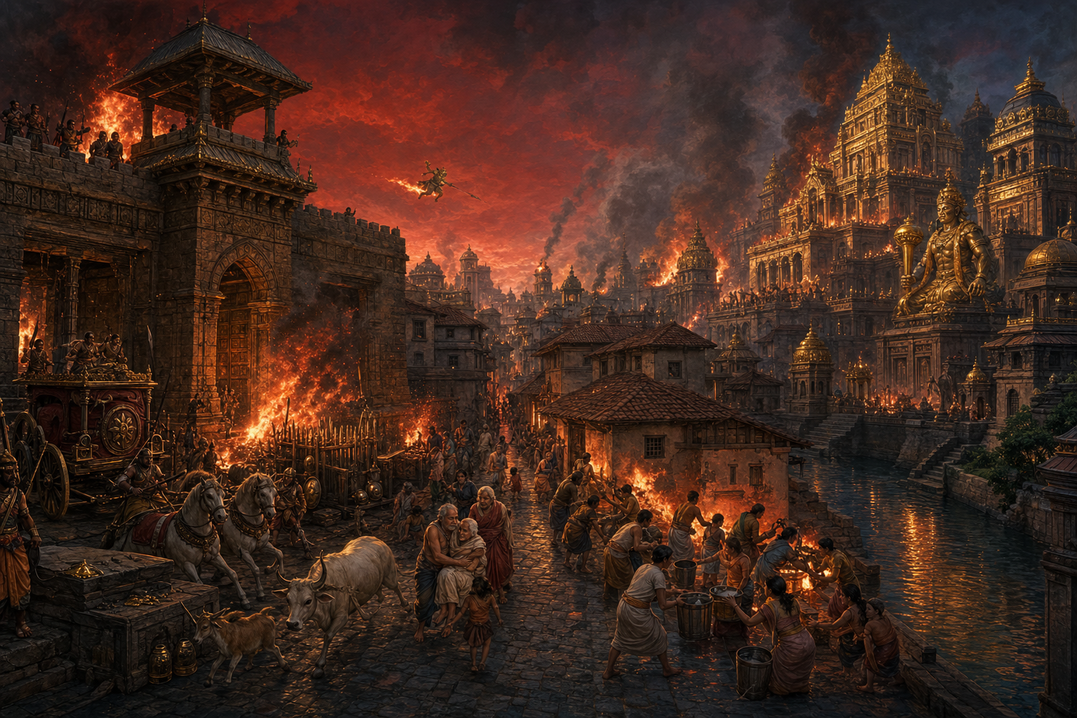A continuous view of Lanka shows a burning arsenal, nearby families evacuating their homes, and the illuminated towers of the royal capital.
