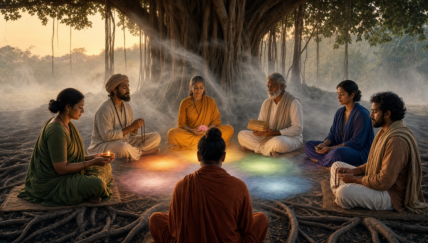 A diverse circle of practitioners sits beneath a banyan tree as light from their individual clay lamps overlaps in the center and morning mist begins to clear.