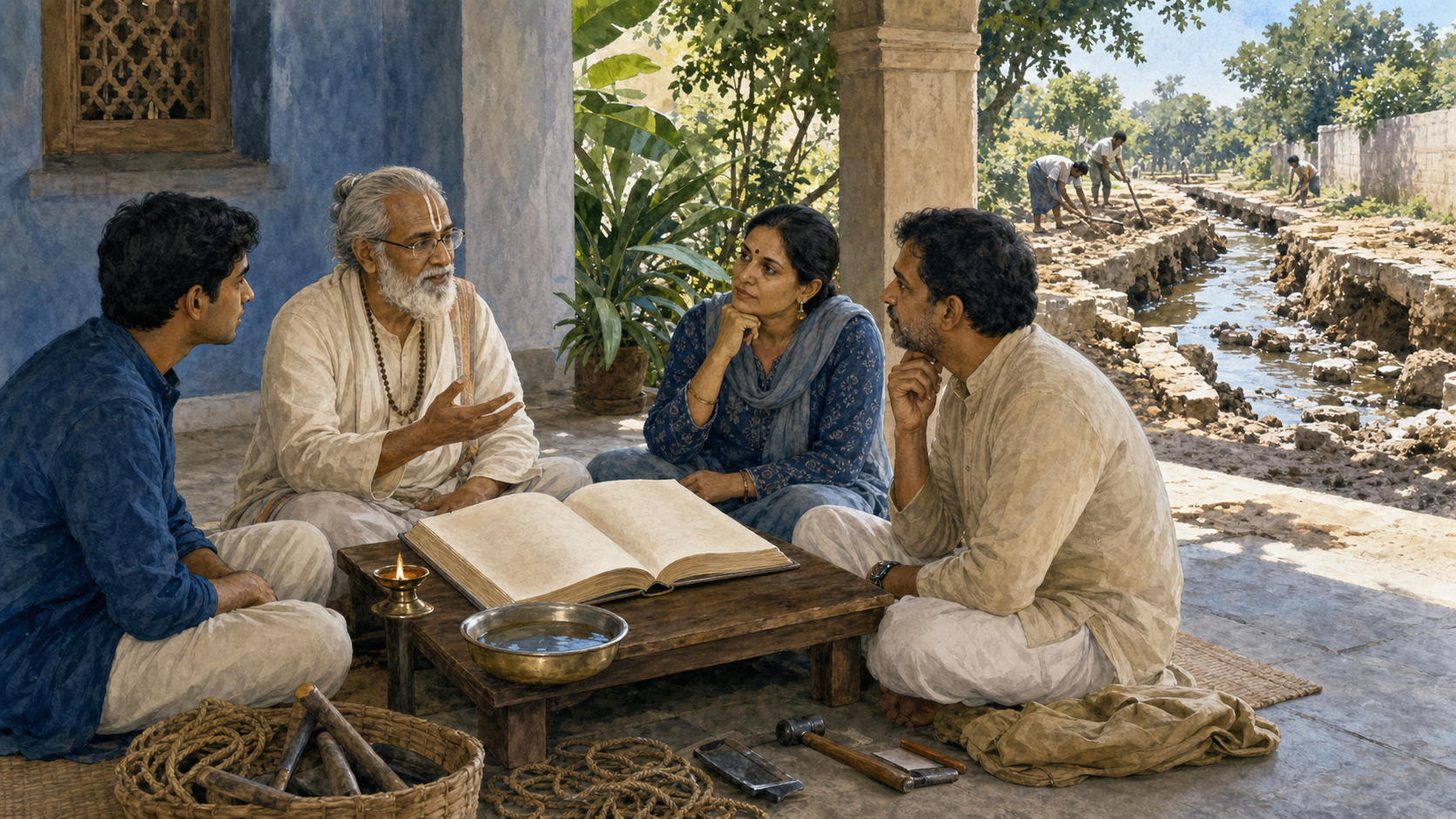 A seeker consults an elderly Vaishnava teacher and two community members beside an open book while a damaged irrigation channel and repair tools are visible nearby.
