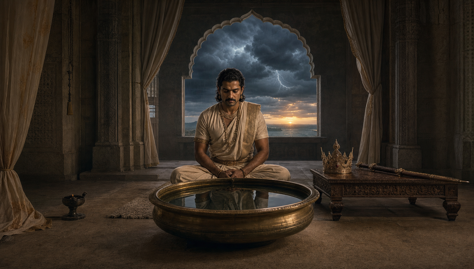 An ancient Indian ruler meditates at dawn with his crown and sheathed sword set aside beside a still water basin.