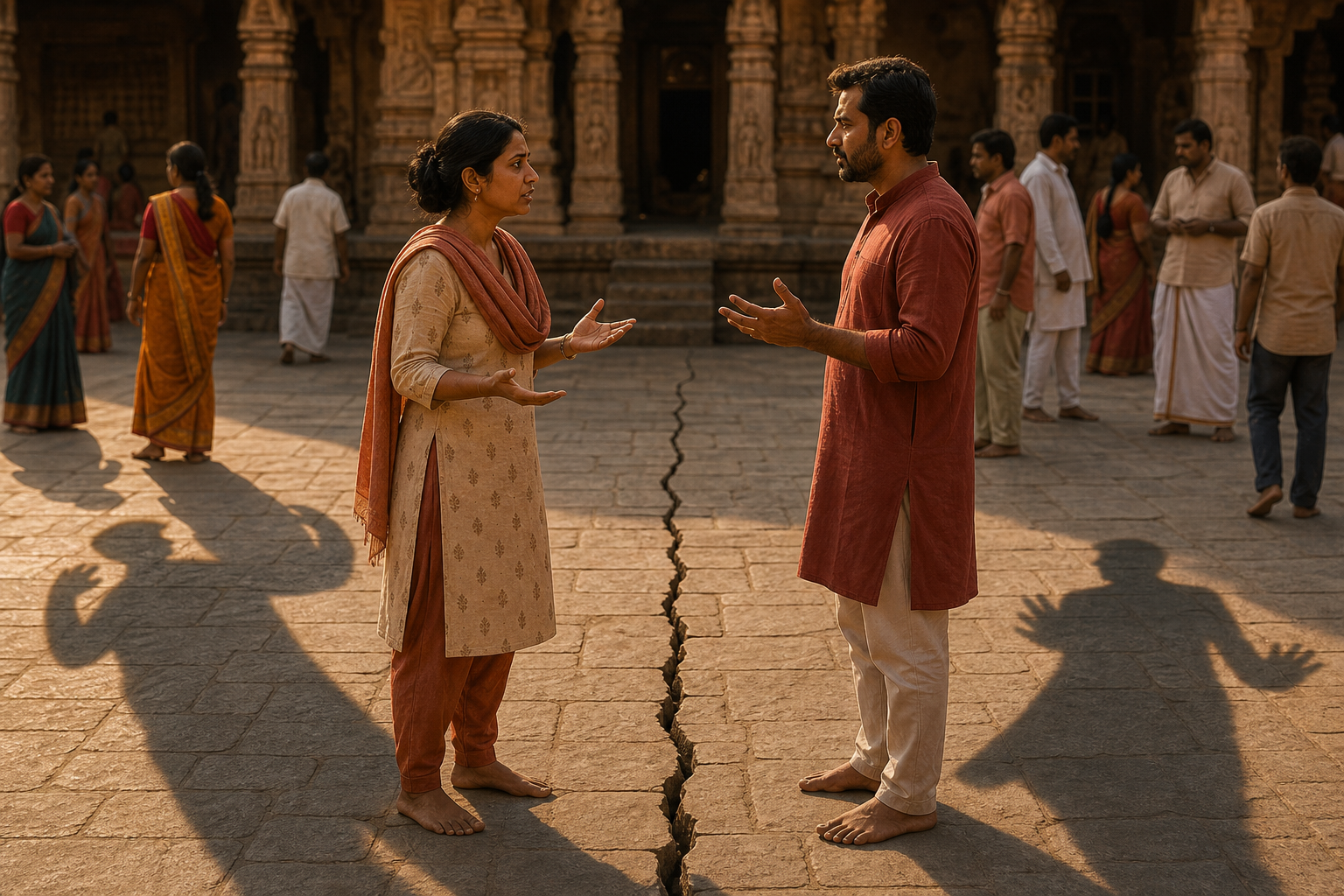 Two people pause during a tense conversation in a temple courtyard as a narrow crack divides the paving stones and enlarged shadows rise behind them.