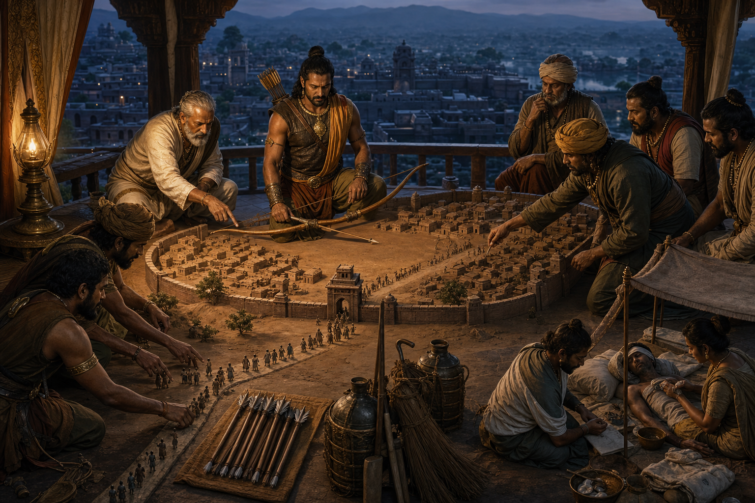 An ancient council studies a model of a fortified city while planning a limited attack, an evacuation route, fire control, and medical care.