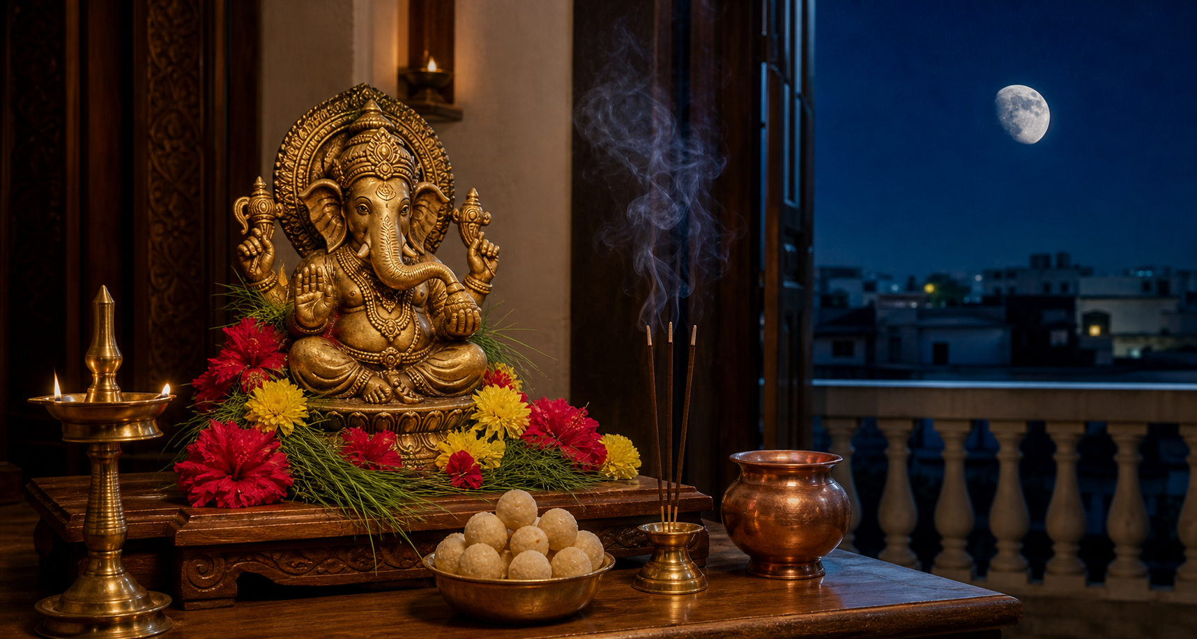 A home shrine with a Ganesha murti, flowers, modaks, an oil lamp, and an arghya vessel beside a balcony overlooking the rising moon.