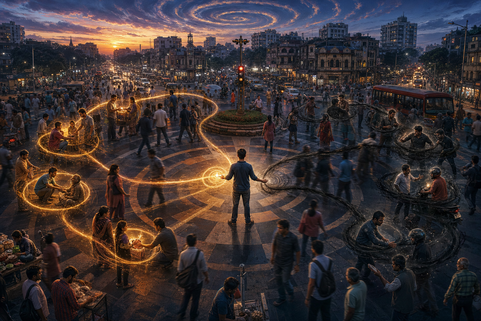 A person pauses at a busy twilight crossroads as golden ripples and darker disturbances travel through an interconnected city and circle back toward them.