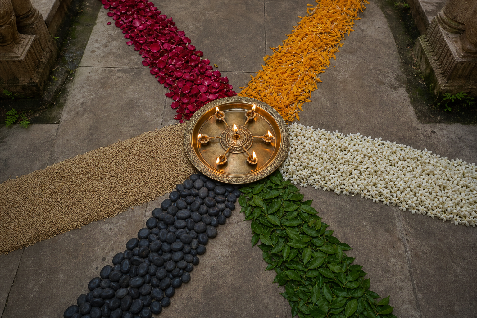 Separate trails of petals, grains, leaves, and stones converge around a brass lamp whose individual wicks illuminate one shared circle.