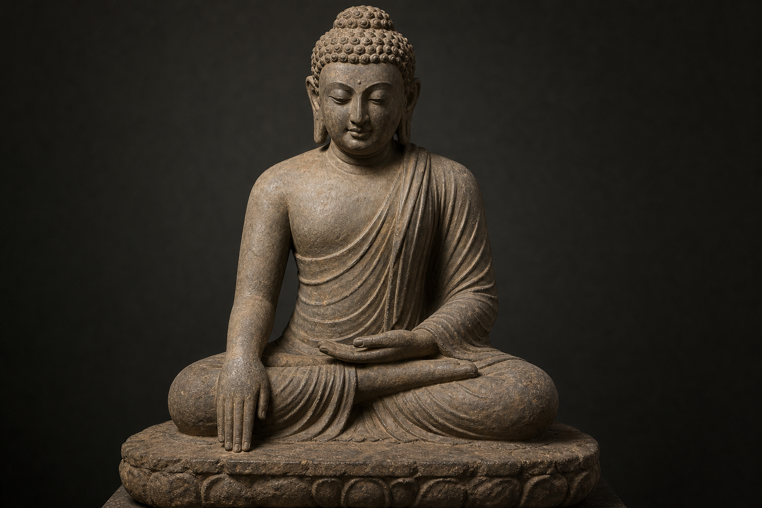 Stone seated Buddha with the left hand in the lap and the right fingertips extending over the knee to touch the pedestal.