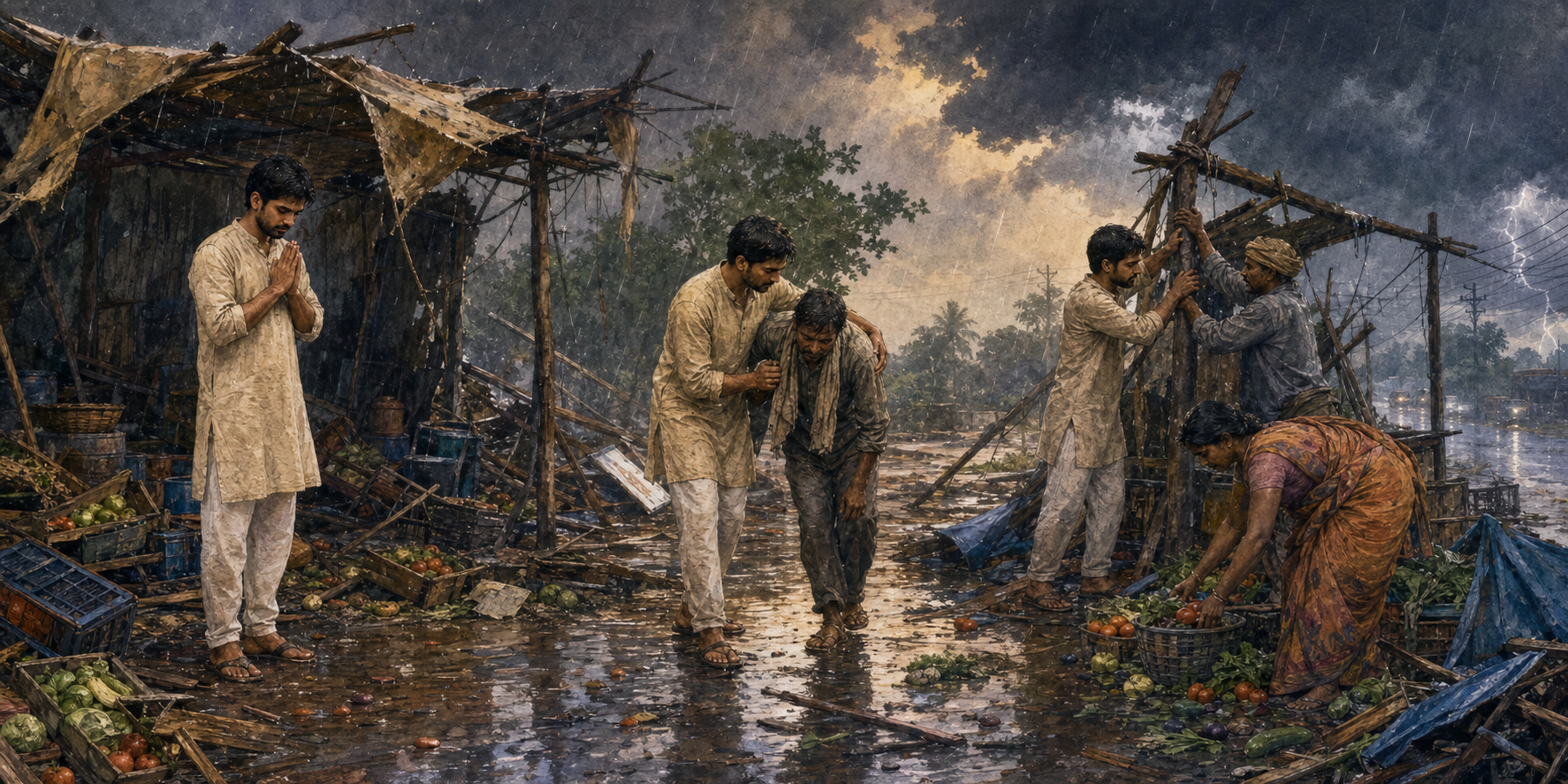 The same practitioner is shown pausing in prayer, helping an injured companion, and rebuilding a storm-damaged market stall with neighbors.