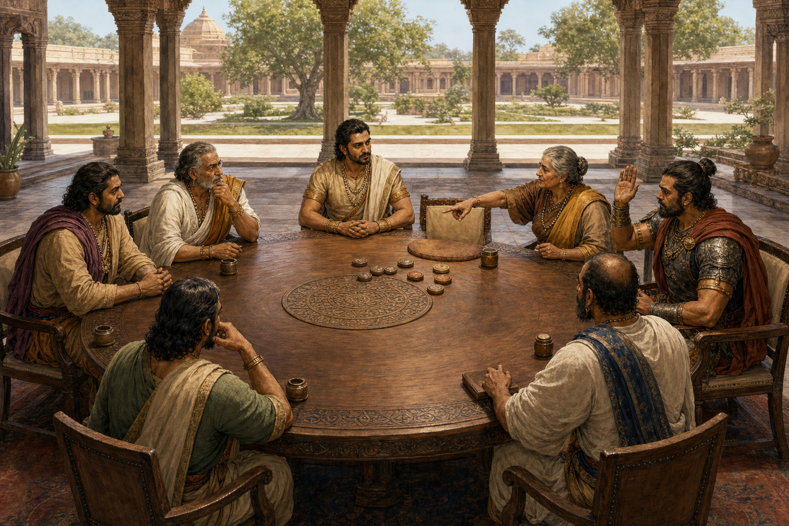 A ruler listens to a diverse circular council as a senior adviser challenges a proposal and other officials consider her argument.