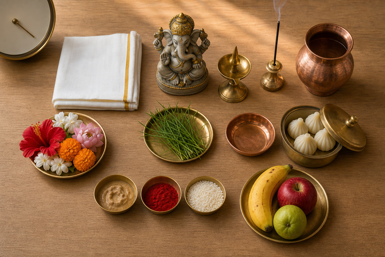 Puja supplies arranged on a wooden surface, including a Ganesha murti, lamp, copper vessel, flowers, durva grass, fruit, and modaks.