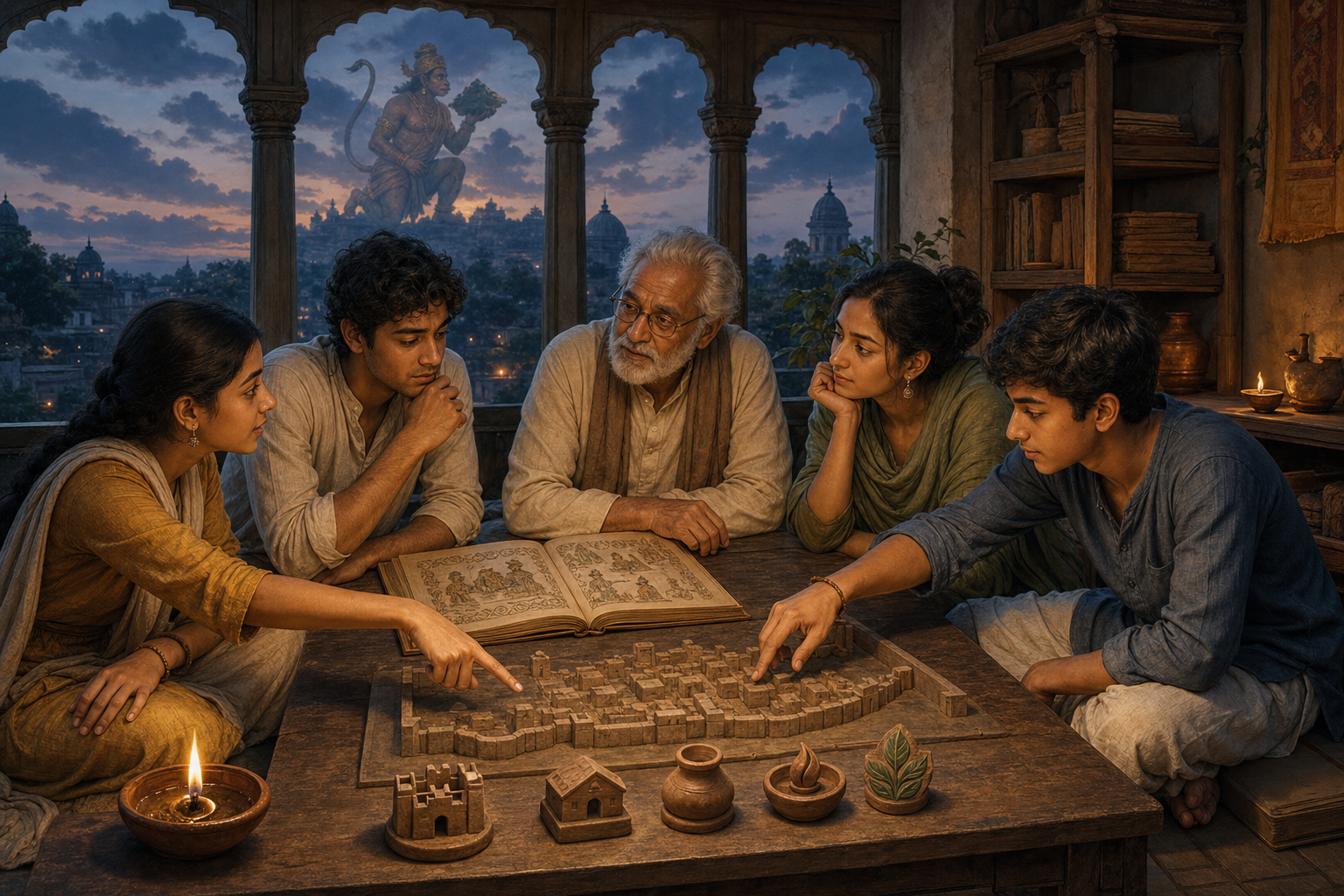 An elder and younger readers use a tabletop model of Lanka to discuss an illustrated Ramayana manuscript and the effects of the city's burning.