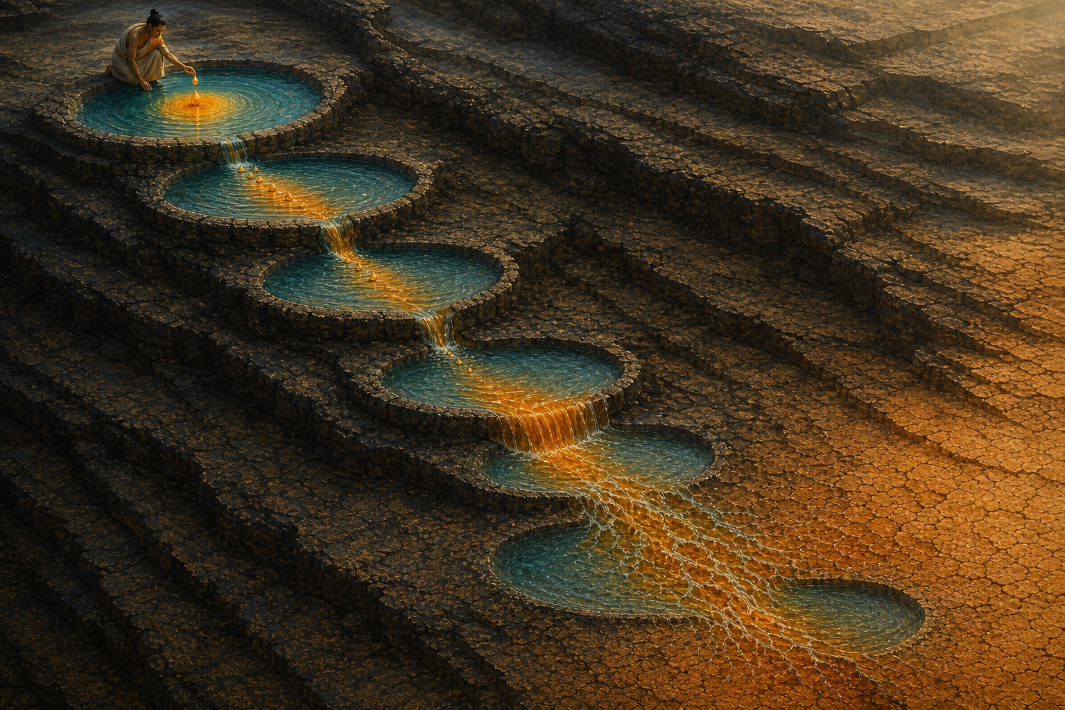 A person releases a drop into six connected pools where concentration, repetition, narrow channels, broad reach, branching streams, and dry ground alter how quickly it travels.