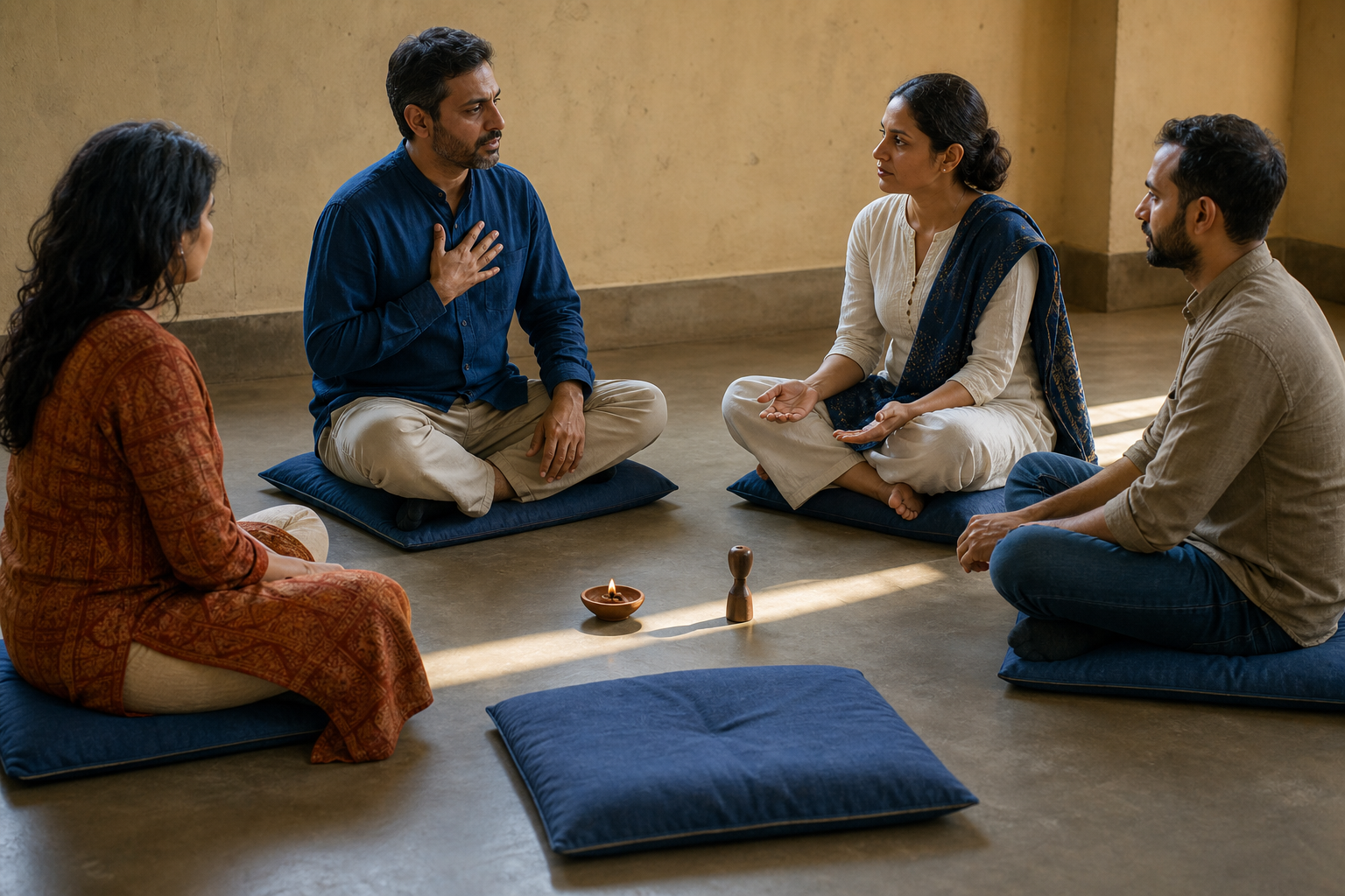 Four adults sit in a listening circle around a clay lamp, with one person speaking calmly and the others holding open, attentive postures.