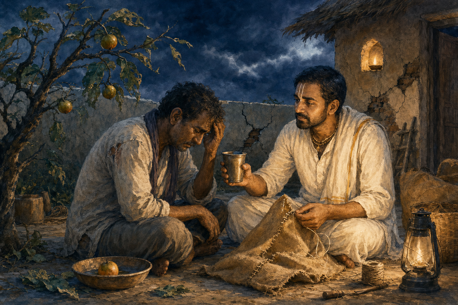 A composed householder listens to a distressed neighbor and offers water while mending a grain sack beside a storm-bent fruit tree and a cracked wall.