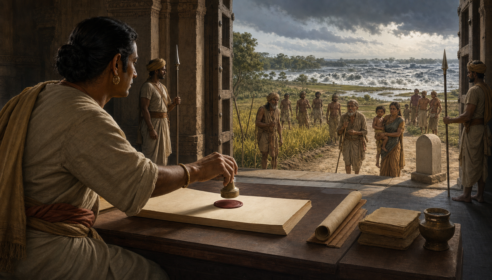 A royal official hesitates over sealing a decree while looking toward villagers and fields exposed to an approaching flood.