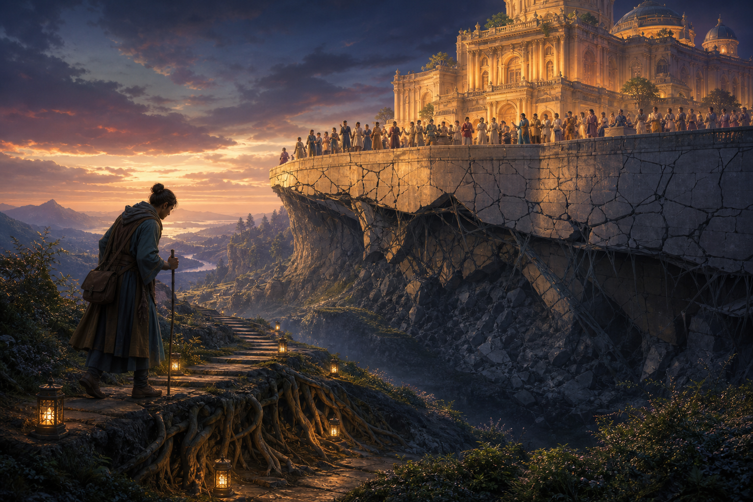 Celebrating figures gather on a bright structure with cracked foundations while a lone traveler follows a modest path supported by roots and small lamps.