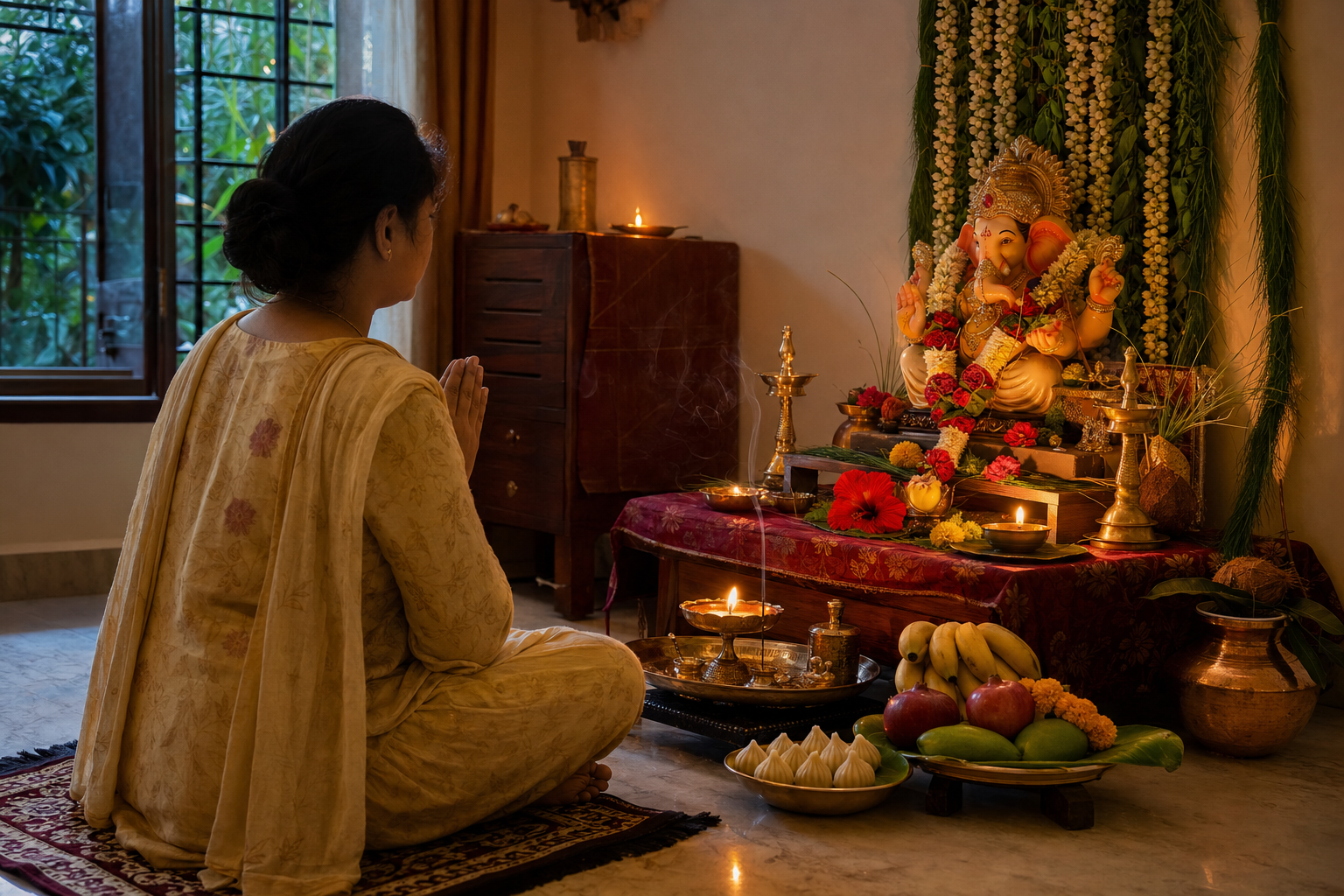 A devotee with joined hands performs a simple home puja before a flower-adorned Ganesha murti and lit brass lamp.
