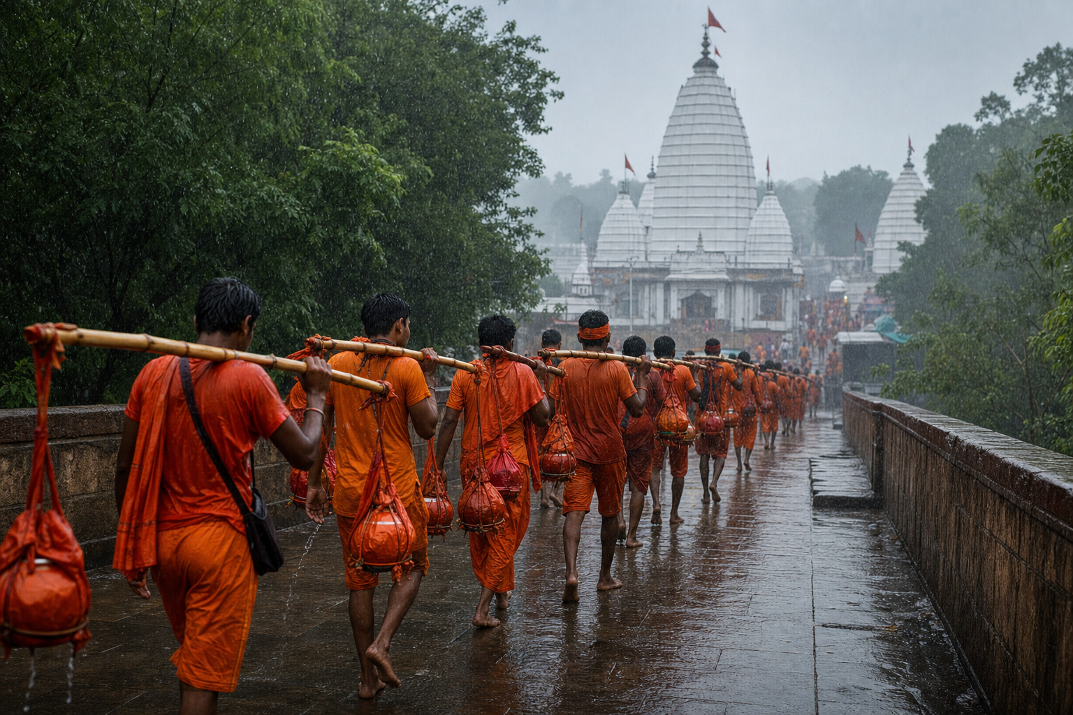 Barefoot Kanvar pilgrims carrying bamboo yokes approach the white temple towers of Baidyanath Dham during the monsoon.